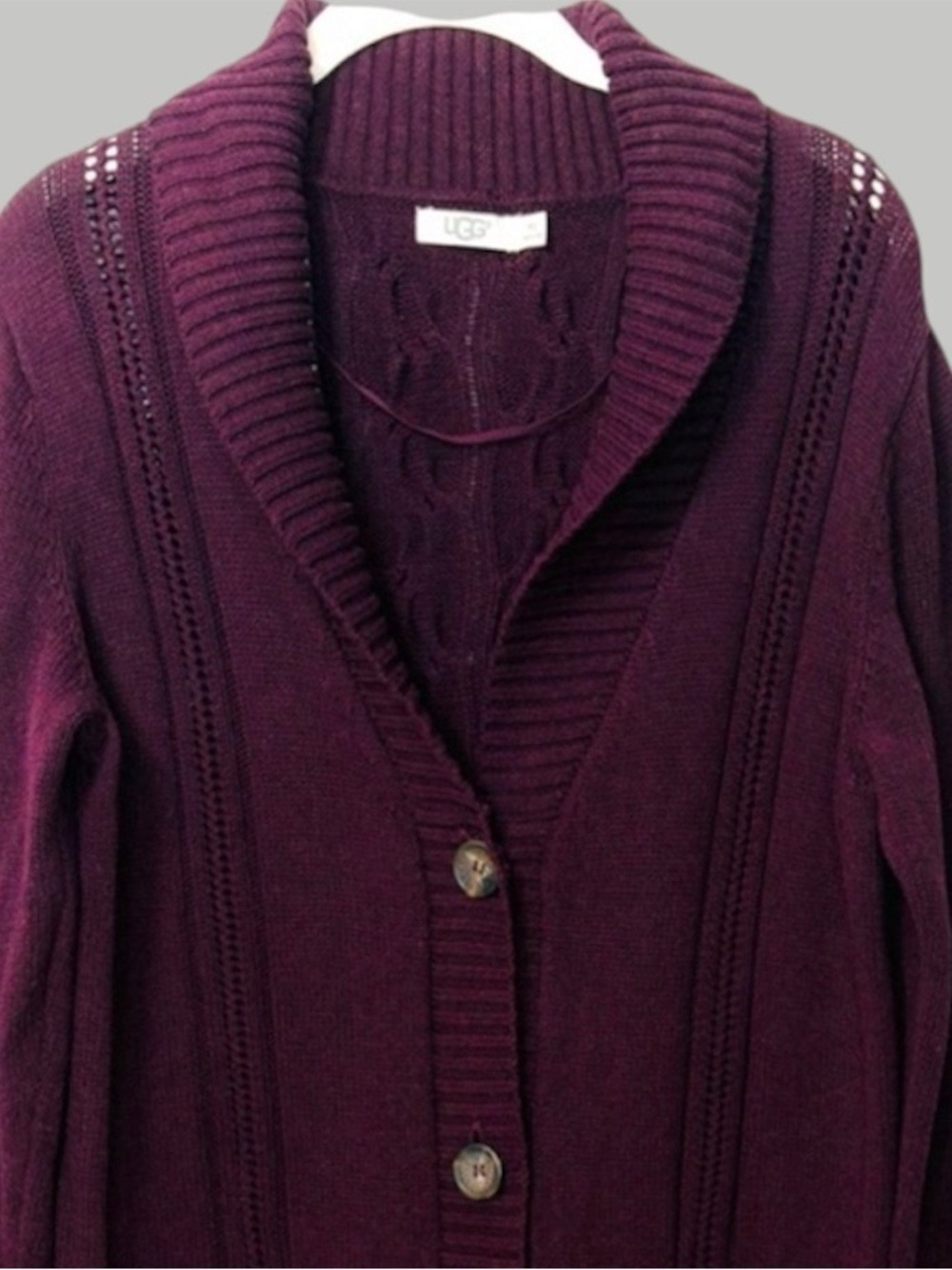 UGG Dark Plum Knit Long Cardigan M/L Pointelle Sweater Dark Academia, Vampi - Picture 2 of 11